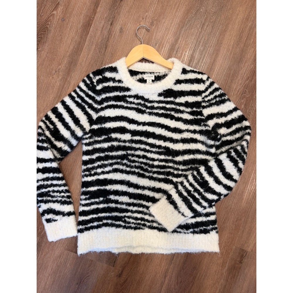 J.Crew Zebra Sweater S Black Ivory Fuzzy Wool Alpaca Blend Animal Print
